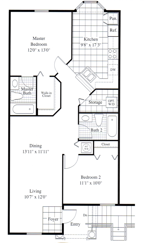 Floor plan for 2 beds, 2 baths, 1034 sqft